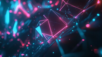 Glowing geometric shapes, interconnected by light lines, forming a digital data network.