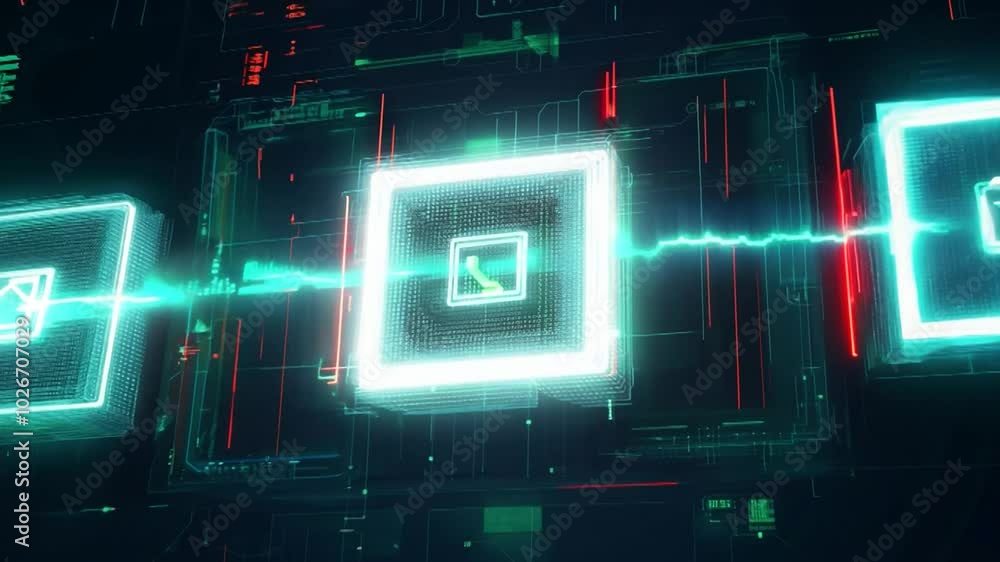 Poster futuristic interface with glowing icons and lines on dark background.