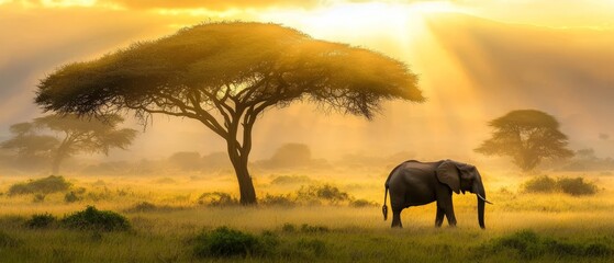Obraz premium An elephant stands in a field, a tree dominates the foreground, sun shines through clouds in the background