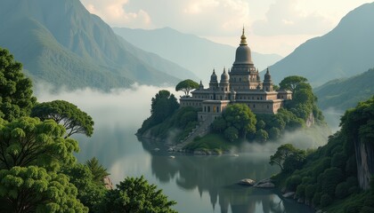 A serene landscape with an ancient temple surrounded by lush greenery, symbolizing the peaceful coexistence of nature and spirituality in religious harmony