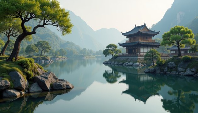A peaceful river with an ancient temple on its banks, symbolizing the flowing connection between nature and spiritual reflection in religious tradition