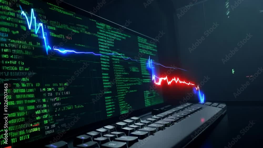 Poster laptop with green coding on dark background.