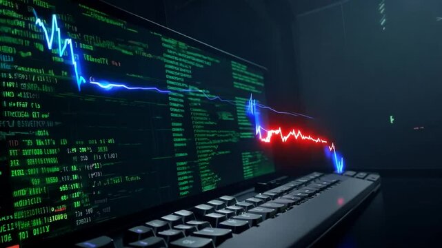 Laptop with green coding on dark background.