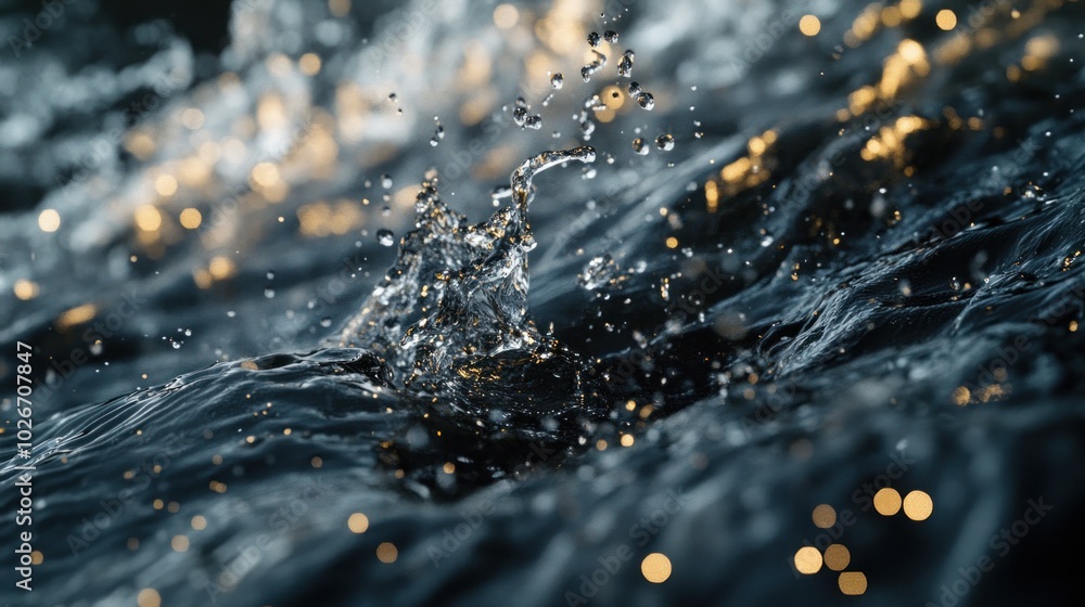Poster close-up of water droplets splashing on a dark, rippling surface with bokeh lights in the background