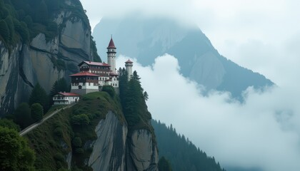 A fog-covered mountain with a monastery perched on the cliffs, symbolizing the mystery and tranquility of spiritual retreats in remote locations