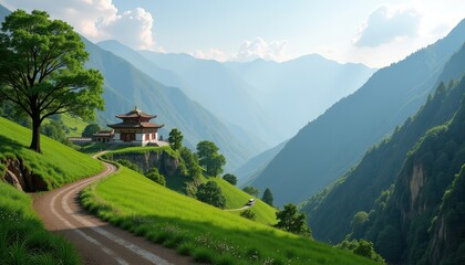 A peaceful valley with a distant view of a temple nestled in the hills, symbolizing the harmonious blend of nature and religious devotion