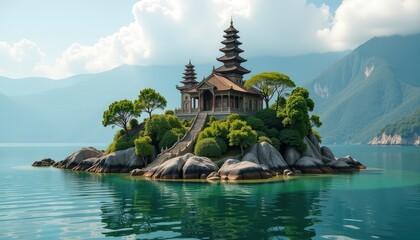 A peaceful island with an ancient temple surrounded by lush greenery, symbolizing the serenity of religious devotion in a natural paradise