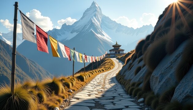 A tranquil mountain pass with prayer flags leading to a distant temple, symbolizing the journey toward spiritual peace and religious devotion