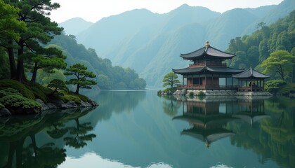 A tranquil lake surrounded by forest, with an ancient shrine reflected in the water, symbolizing the harmony between nature and religious devotion