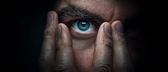  A tight shot of a person's face, hands concealing eyes, backdrop features a blue eye