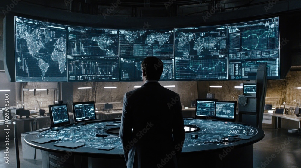 Poster Man in Suit Observing Data on Monitors in a High-Tech Command Center