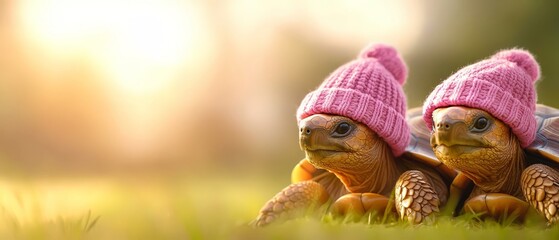  A tight shot of two miniature turtles donning knitted caps stacked atop one another amidst a lush expanse of grass