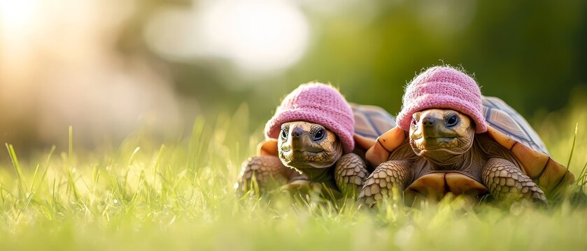  Two tortoises with pink-hatted scarfs recline on a lush green grass expanse