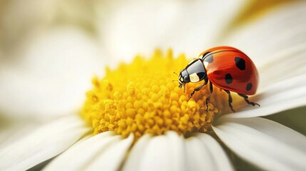 Obraz premium A close-up shot of a ladybug perched on a white daisy flower with yellow pollen. The background is blurred.