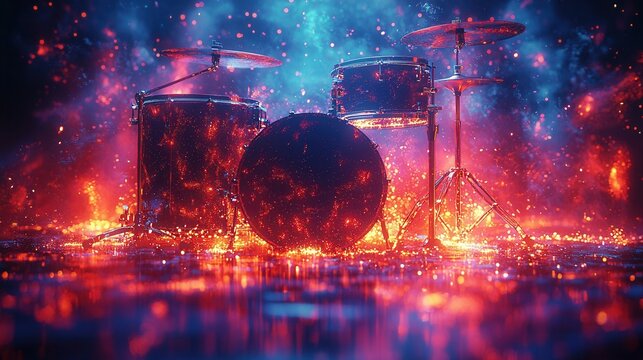 A vibrant drum set illuminated by colorful lights, creating a dynamic visual effect. The scene embodies energy and creativity with striking hues.