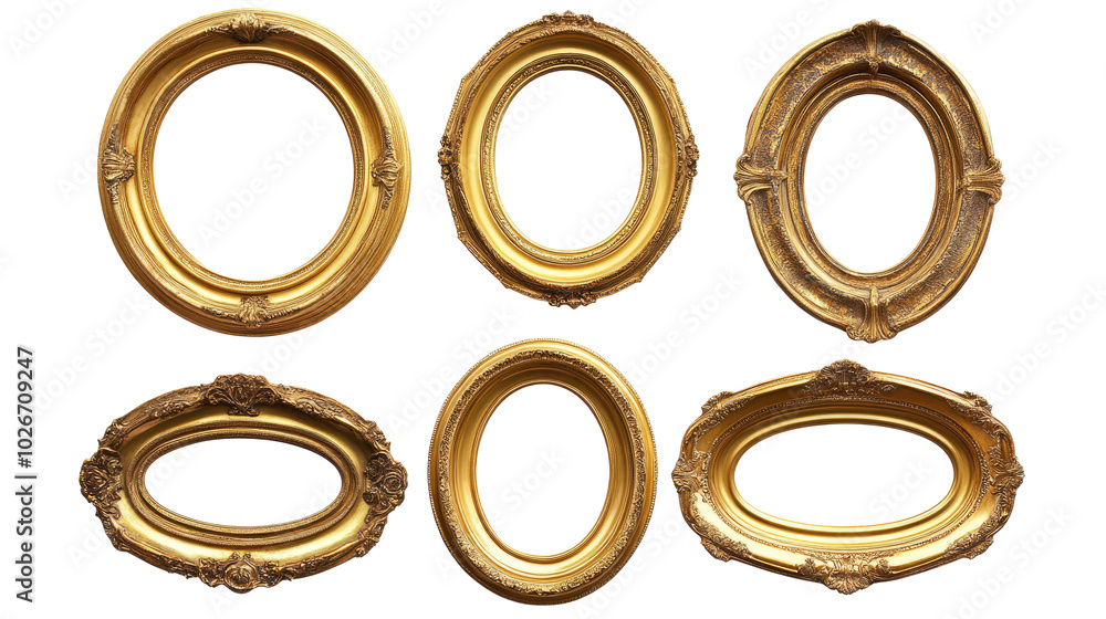 Poster antique round oval gold picture frames displayed in various styles generative ai