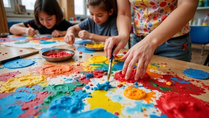 Fototapeta premium Creative children engaged in colorful art activities with paint and modeling clay