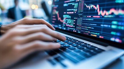 Hands typing on a laptop displaying a stock trading platform, with various charts and market trends visible on the screen.