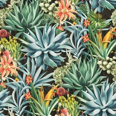 Obraz premium Succulent botanical flowers. Watercolor illustration set. Seamless background pattern. Fabric wallpaper print texture.