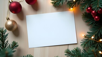 Obraz premium White postcard is placed on a light wooden surface, surrounded by lush pine branches and red ornaments, creating a warm holiday atmosphere.