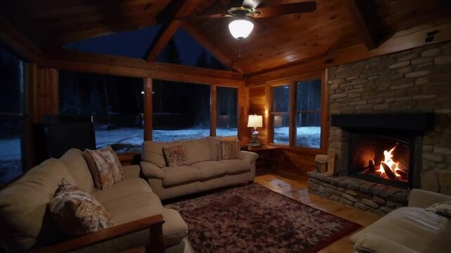 A cozy living room with a fireplace and two sofas in a wooden house in a snowy forest.
