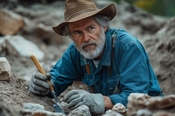 An elderly Caucasian male archaeologist is digging for artifacts at a work site.