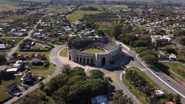 Aerial drone view of the Real de San Carlos bullring in Colonia del Sacramento, Uruguay. 
