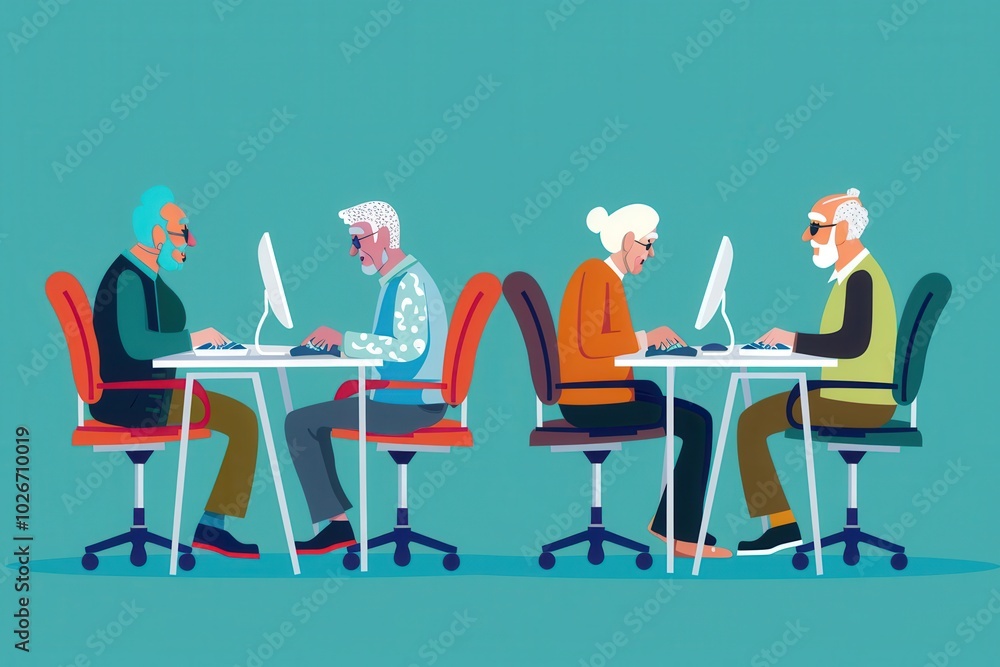 Fototapete a group of elderly people is focused on mastering computer skills, using laptops and desktops in a s
