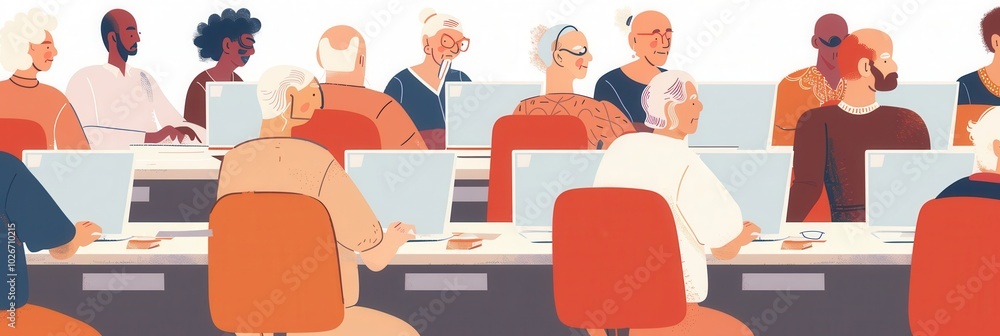 Leinwandbilder A group of elderly learners focuses on computer tasks while attending a digital skills workshop for seniors in a classroom setting. Generative AI