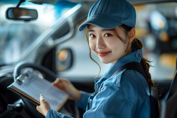 Asian female mechanic inspecting car, repairing car