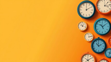 A time-themed background featuring round wall clocks of various sizes and styles. The clocks are arranged in a visually appealing pattern, each displaying different times, creating a dynamic 