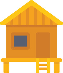 Simple illustration of a wooden hut standing on piles with a staircase leading to the entrance, in flat style