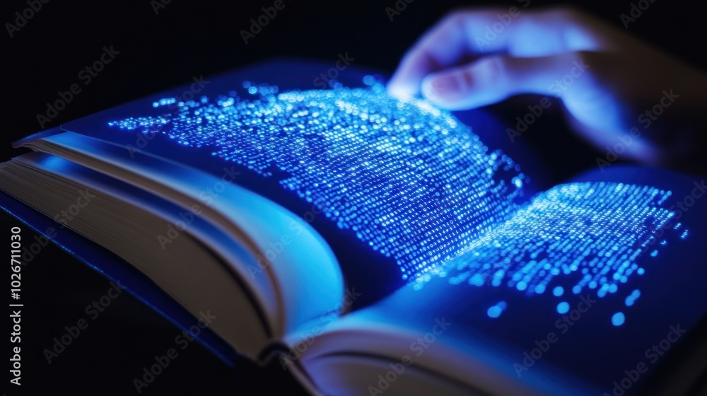 Poster a hand interacting with a glowing book filled with text