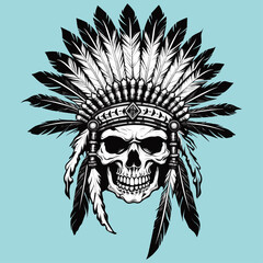 A skull wearing an elaborate headdress with feathers, beads, and tribal motifs. This artwork symbolizes spiritual connection and ancestral wisdom, making it ideal for wall art, tattoos, and fashion pr