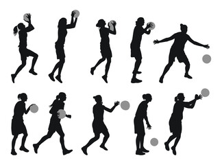 Women with sport balls, people play basketball with different poses, gestures