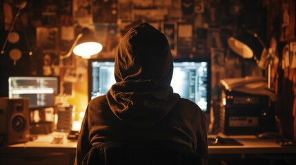 Obraz premium Anonymous Hacker Seated in Front of Monitor Decoding Complex Code, Immersed in the World of Cybersecurity and Secrecy. Wide-Angle View with Dynamic Lighting for Realistic and Immersive Widescreen Wall