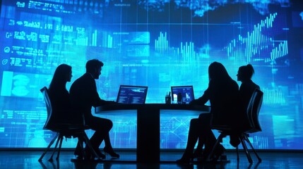 Team discussing a new tech startup investment opportunity with digital graphs projected behind them.