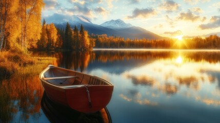 Rowboat Moored on Still Lake at Sunrise with Mountain and Autumn Trees
