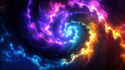 Vibrant neon light spirals swirling against a dark, abstract backdrop, giving a sense of motion.