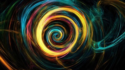 Vibrant neon light spirals swirling against a dark, abstract backdrop, giving a sense of motion.