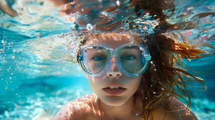 Naklejka premium A girl wearing goggles swims in clear water,
