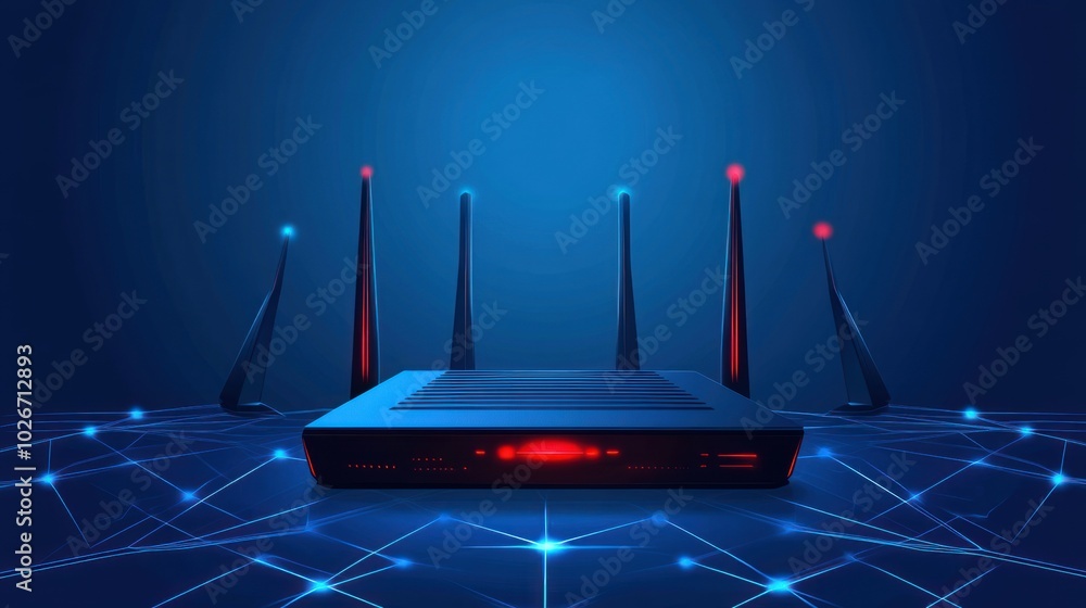Poster Wireless Router with Red Lights and Blue Network Lines