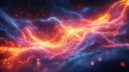 A stunning depiction of a cosmic space scene featuring a vibrant nebula filled with bright glowing spots and waves of color. Ideal for space enthusiasts.