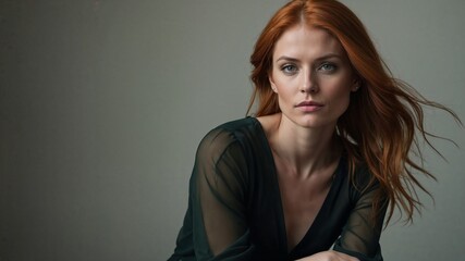 Fototapeta premium Elegant Woman with Red Hair in a Stylish Green Dress Posing for a Minimalist Indoor Portrait