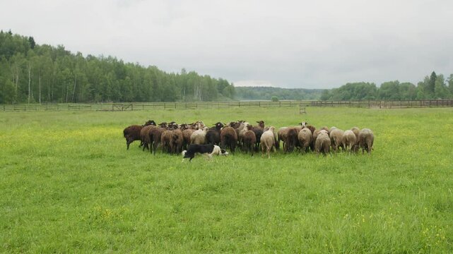 sheep getting herded by working sheep dog boeder collie