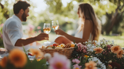 A couple enjoys a romantic picnic with wine and flowers in a lush garden setting. Spouse's day concept