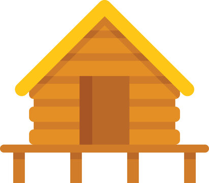 recommend clip art: Simple vector illustration of a wooden hut standing on stilts over water, featuring a yellow roof and brown walls, ideal for travel and tourism content