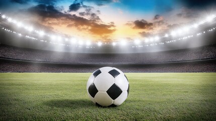 A Soccer Ball on a Green Field in a Stadium with a Crowd of Spectators and Bright Lights