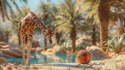 A giraffe in an oasis in the desert stooping down to nuzzle a toy ball