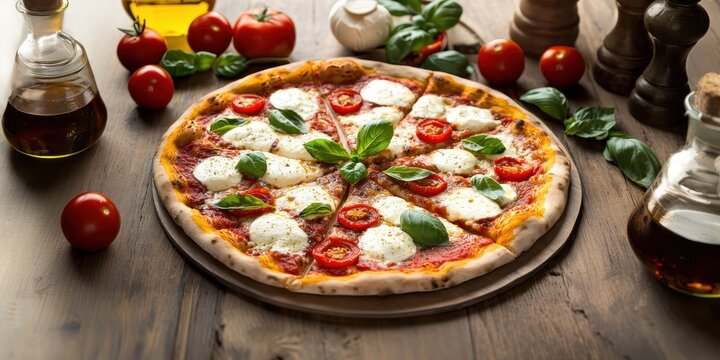a pizza with mozza and tomatoes on a wooden table